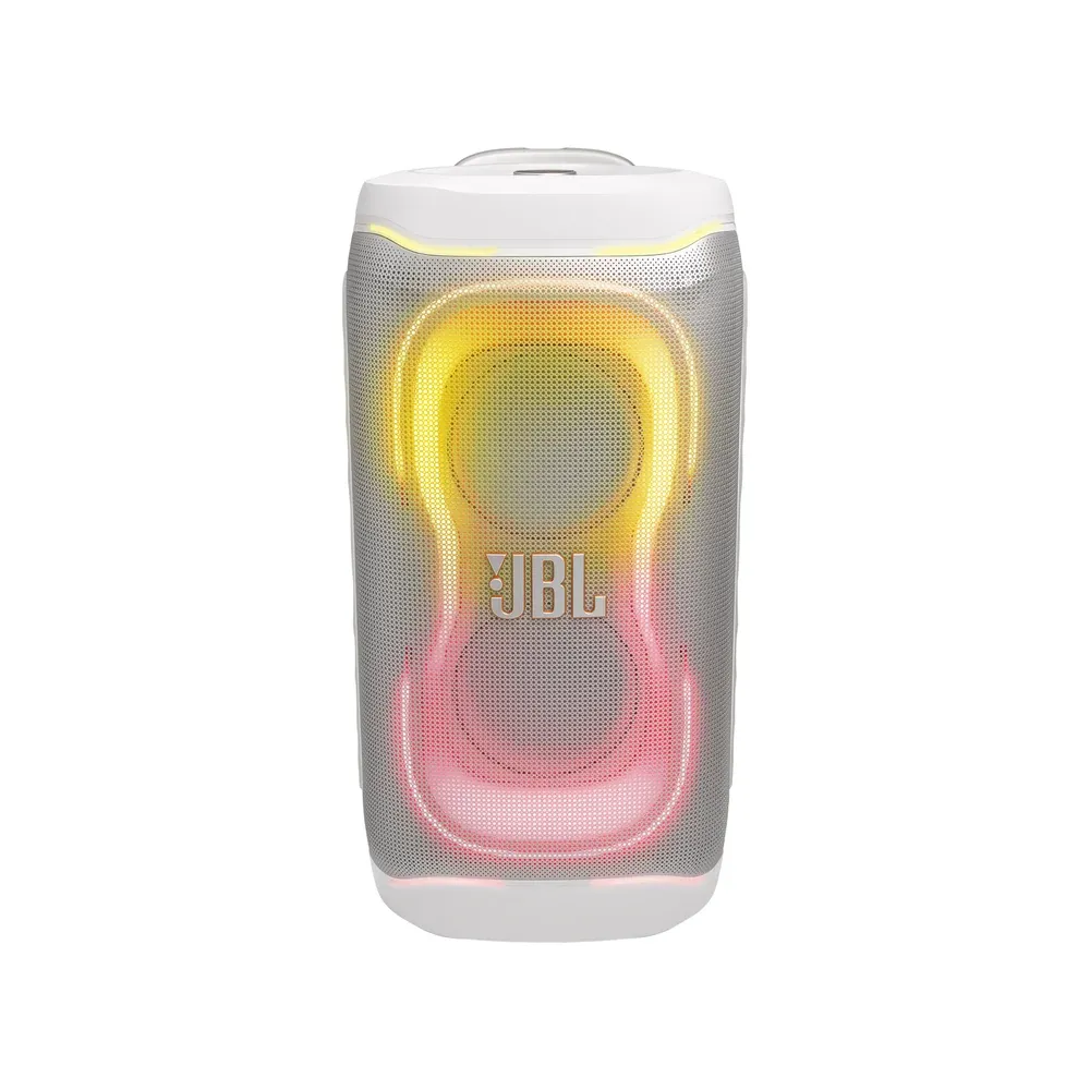 JBL PartyBox 330 en blanco, de frente con las luces encendidas