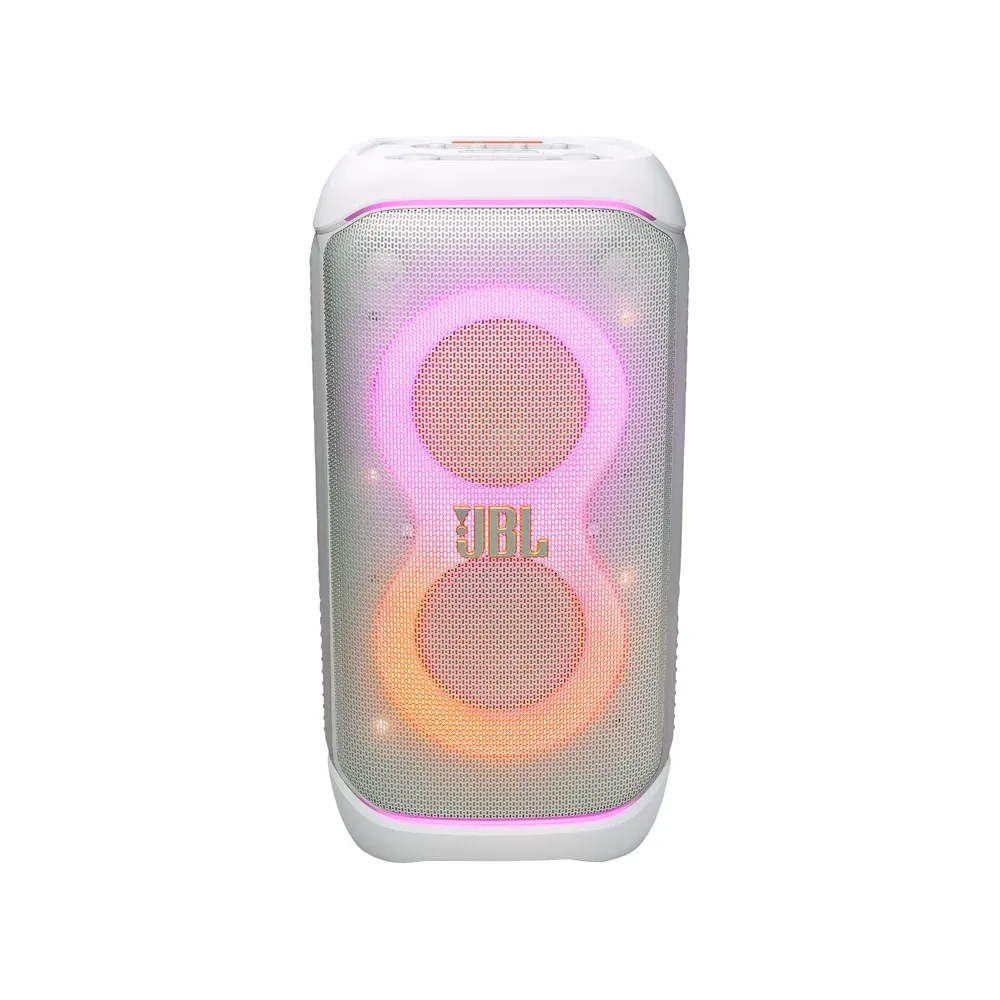 JBL PartyBox Stage 320 de frente con las luces encendidas