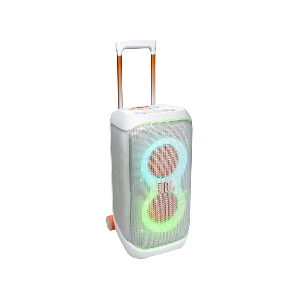 JBL PartyBox Stage 320 en blanco, con el asa levantada
