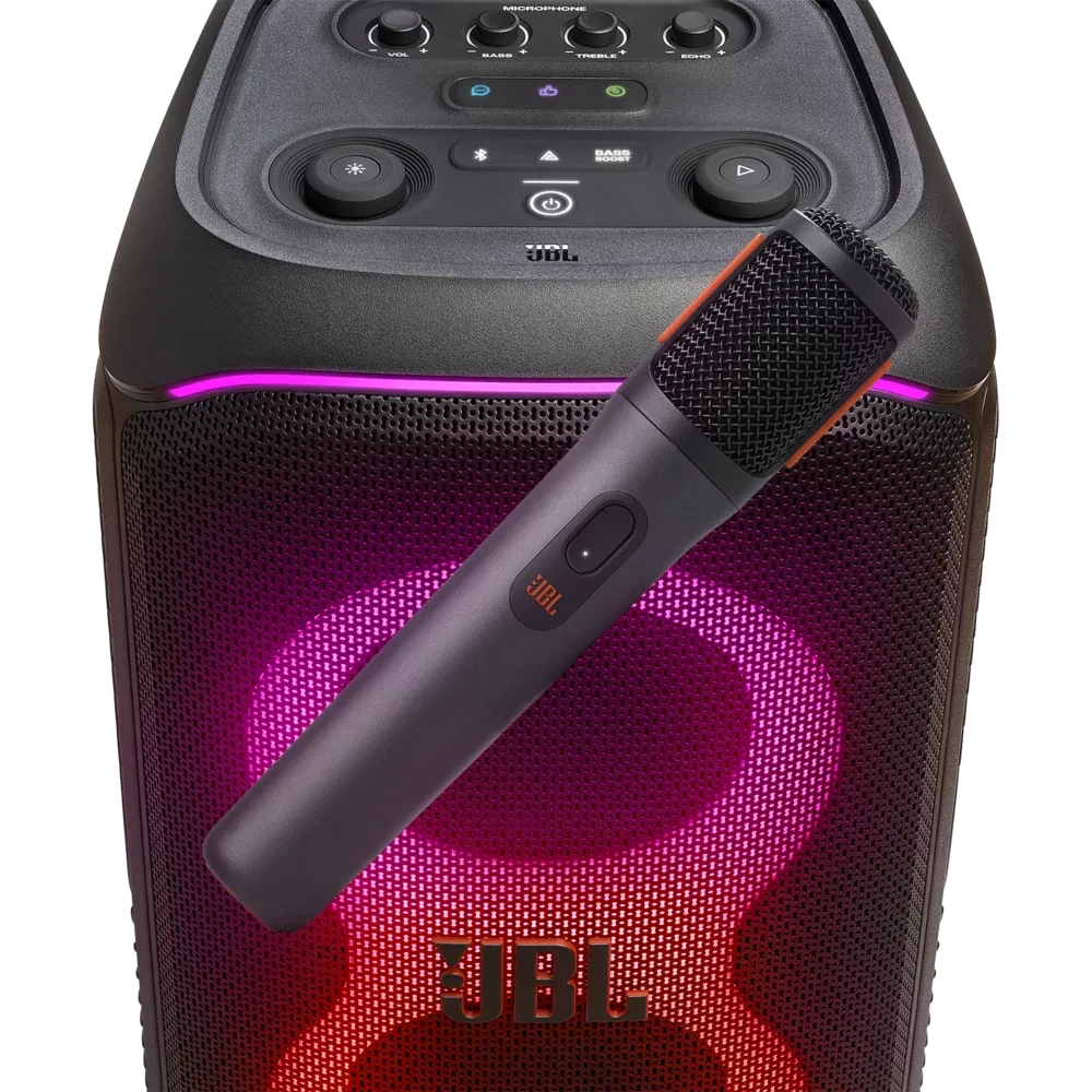 JBL PartyBox Wireless Mic apoyado sobre una PartyBox