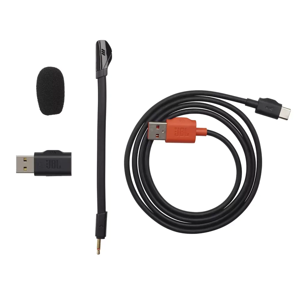 Accesorios del JBL Quantum 350: receptor USB, filtro antiviento y cable de carga