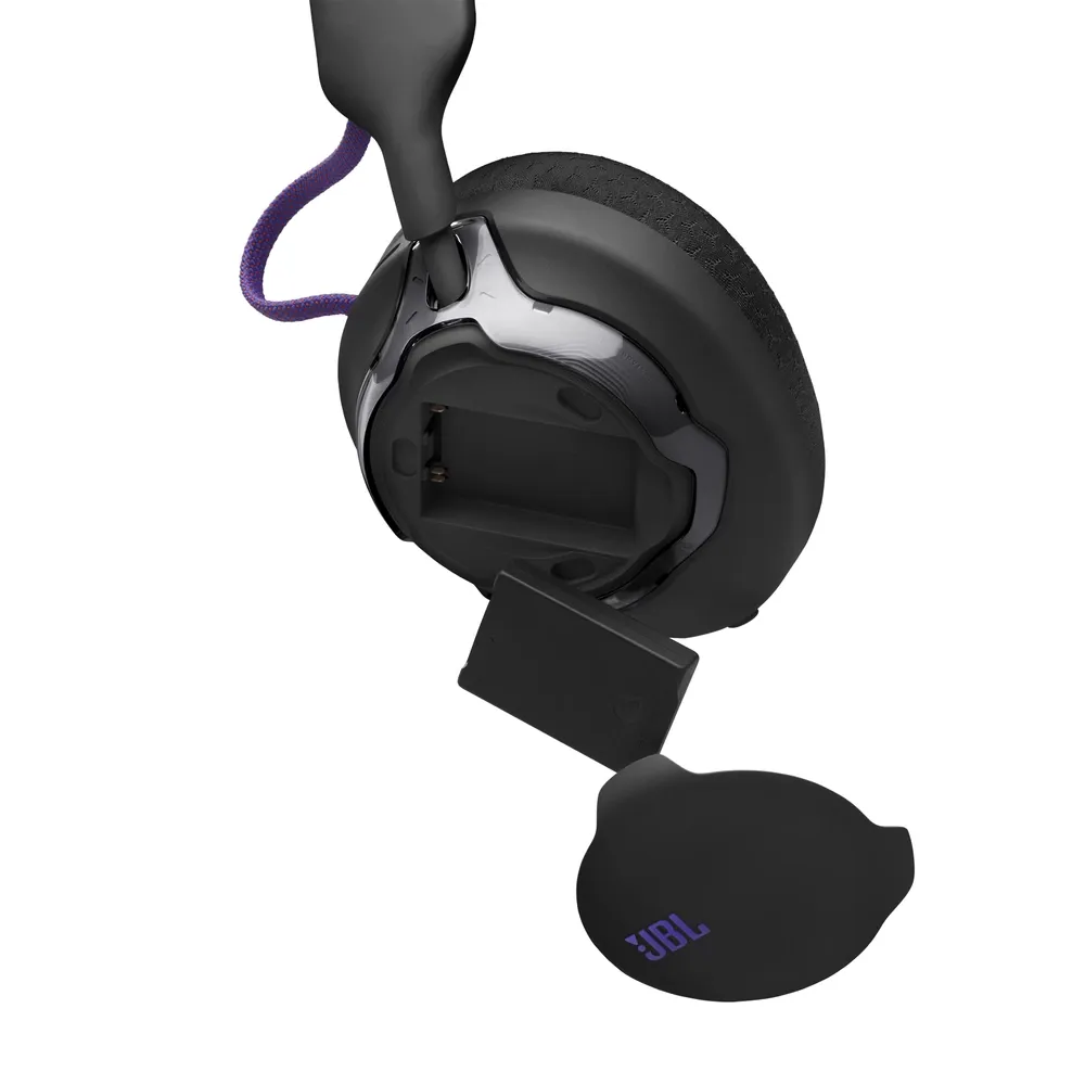 Compartimiento de la batería reemplazable del JBL Quantum 650 negro, abierto
