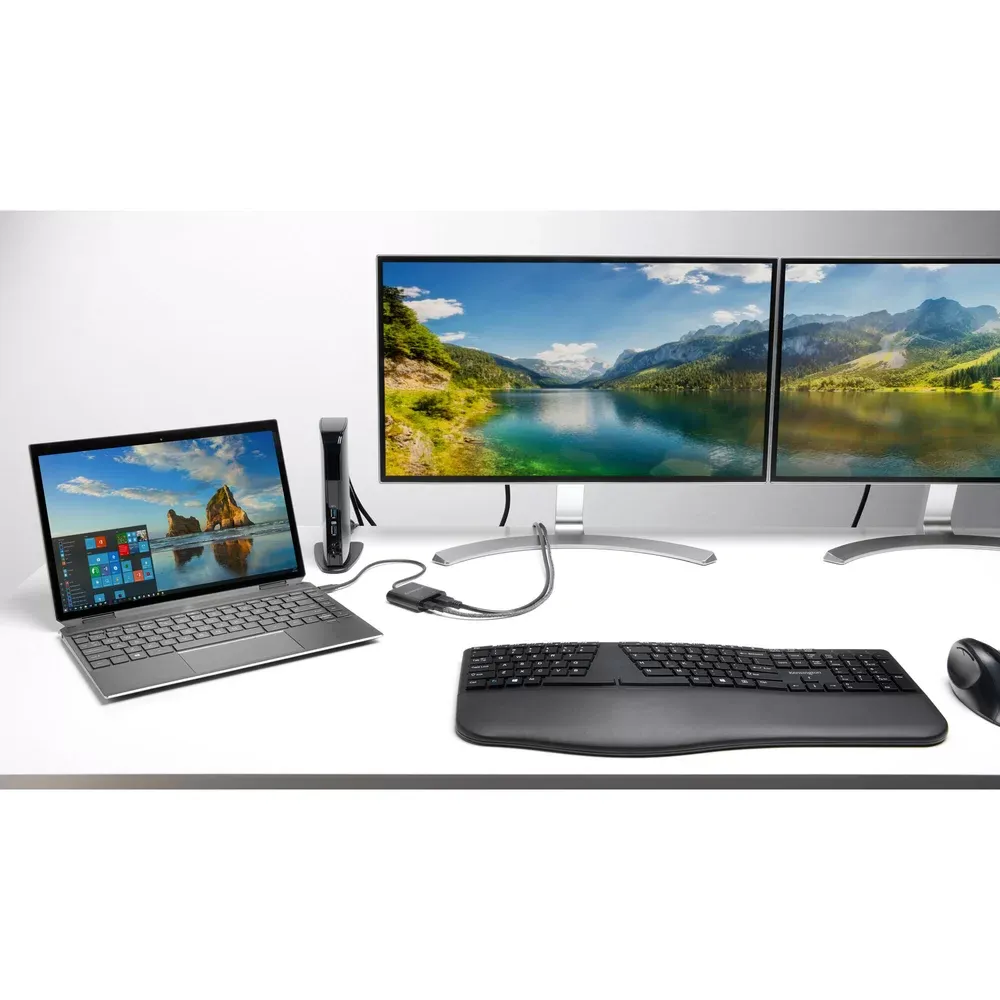 Kensington Pro Fit Ergo inalámbrico en un escritorio con dos monitores