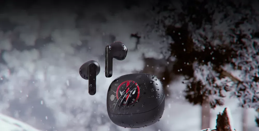 Estuche de los Klip Xtreme TuneXbuds con el logo de Deadpool y Wolverine