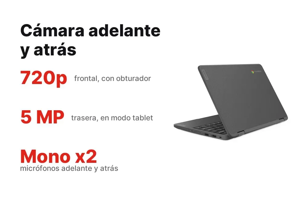 Cámara frontal de 720p y trasera de 5 MP del Lenovo 300e Yoga Chromebook