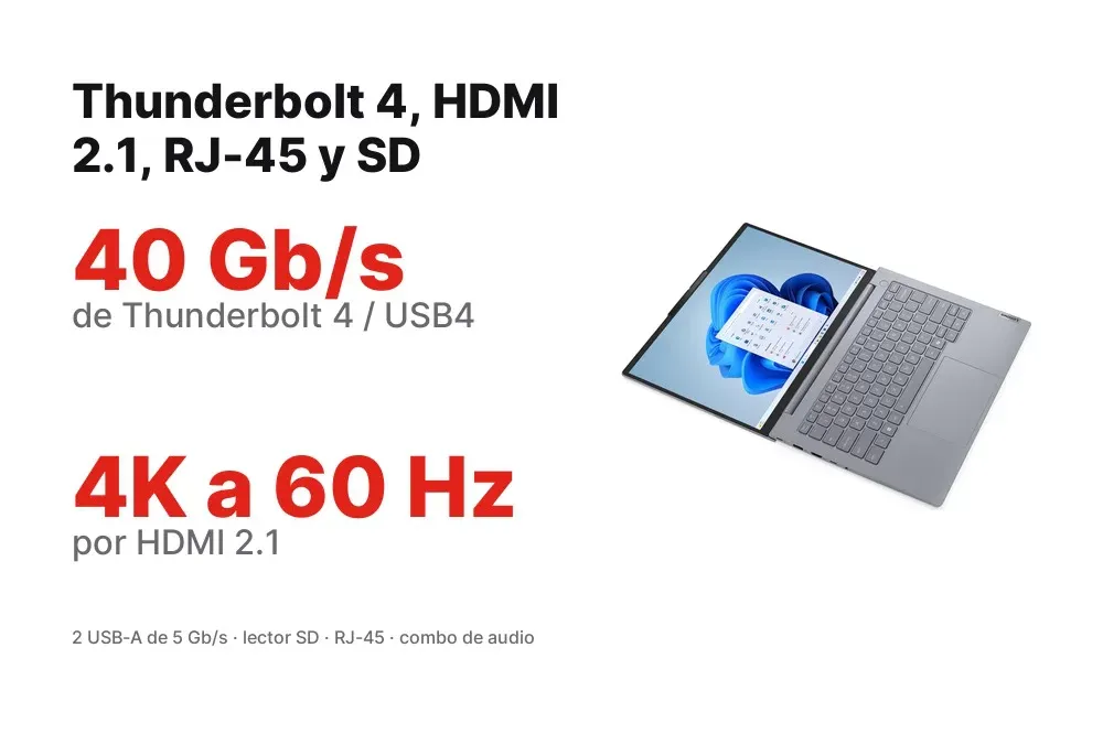 Puertos del ThinkBook 14 G8: Thunderbolt 4, HDMI 2.1, RJ-45 y lector SD