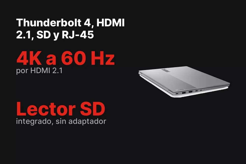 Puertos del ThinkBook 14 G9: Thunderbolt 4, HDMI 2.1, lector SD y RJ-45