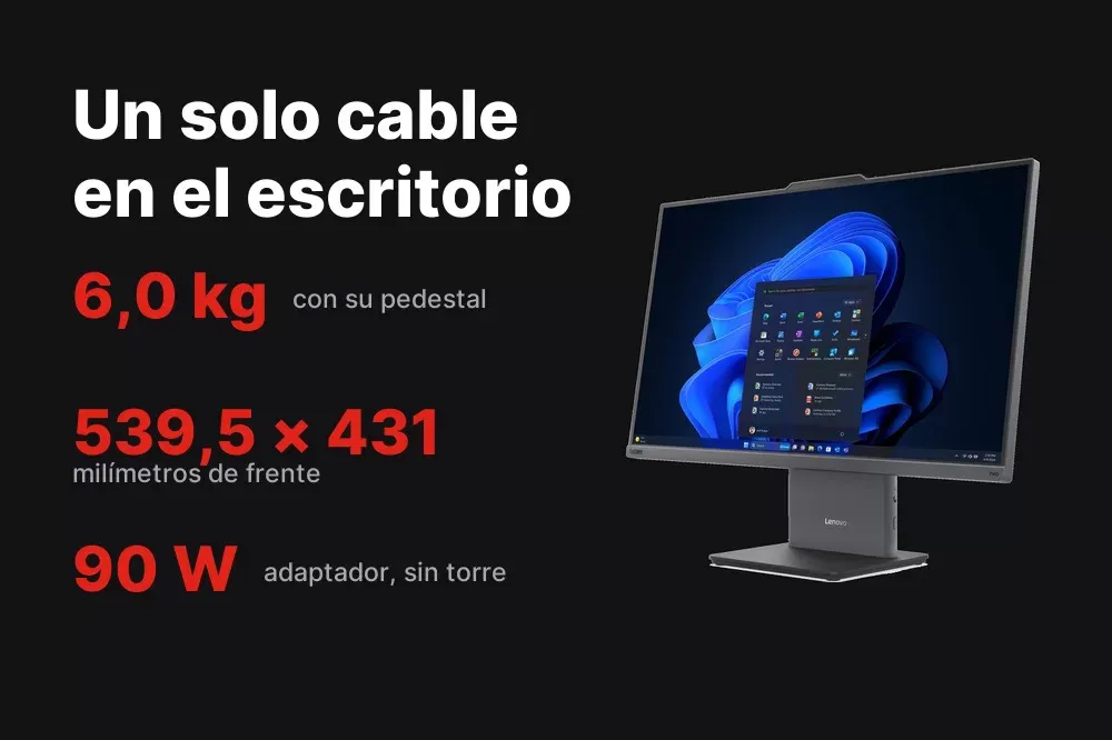 ThinkCentre neo 50a 24 con su pedestal, teclado y mouse