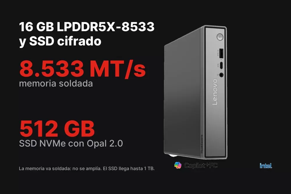 16 GB LPDDR5X-8533 y SSD cifrado del ThinkCentre neo 50q Tiny