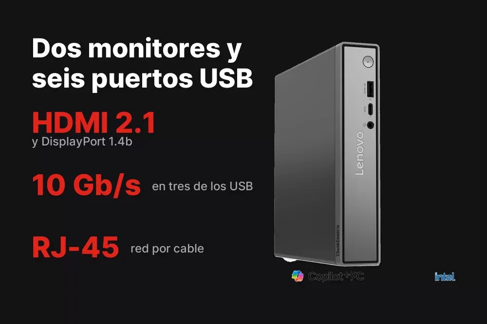 Puertos del ThinkCentre neo 50q Tiny: HDMI, DisplayPort y seis USB