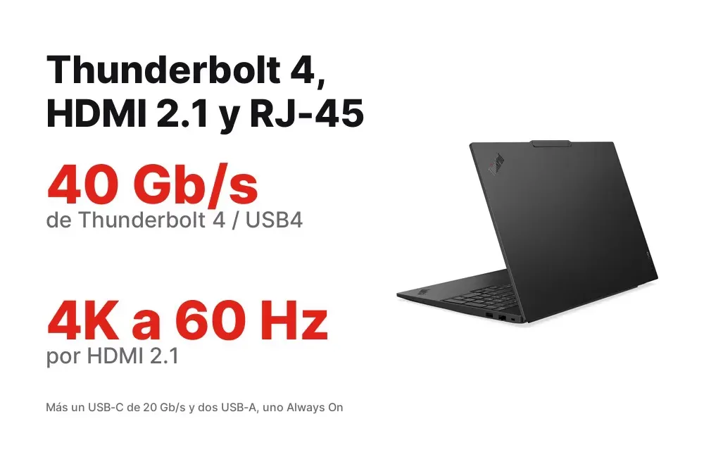 Puertos del ThinkPad E16 Gen 3: Thunderbolt 4, HDMI 2.1 y RJ-45