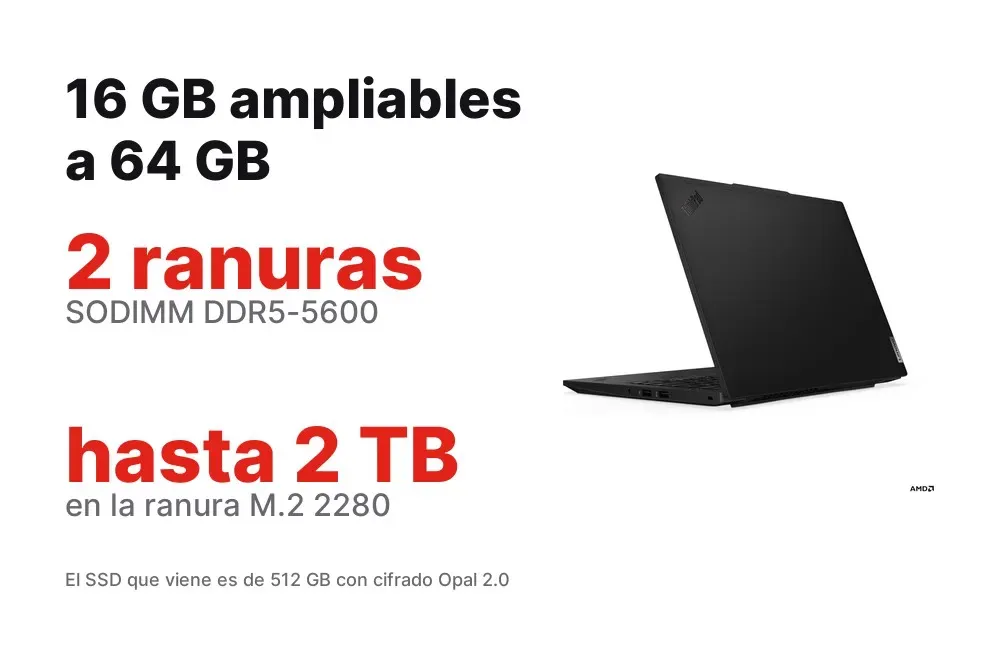 16 GB DDR5-5600 ampliables y SSD M.2 2280 del ThinkPad L14 Gen 6