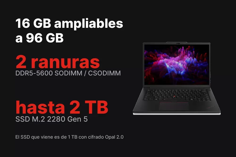 16 GB DDR5 ampliables a 96 GB y SSD de 1 TB del ThinkPad P14s Gen 6