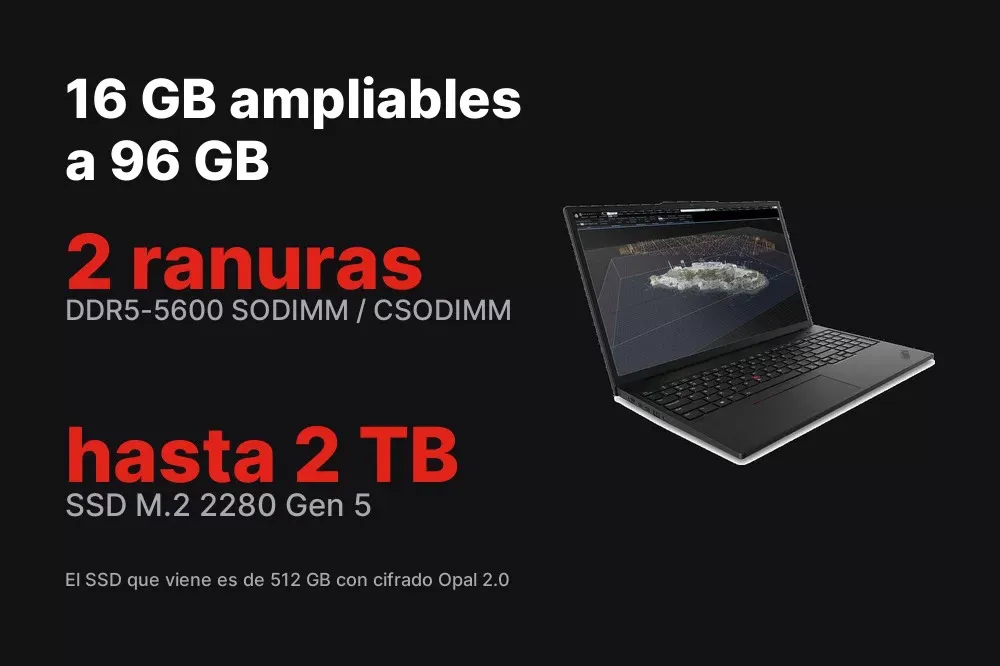 16 GB DDR5 ampliables a 96 GB y SSD de 512 GB del ThinkPad P16s Gen 4