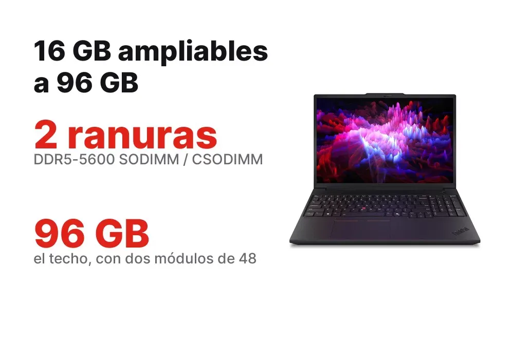 16 GB DDR5 ampliables a 96 GB del ThinkPad P16v Gen 3