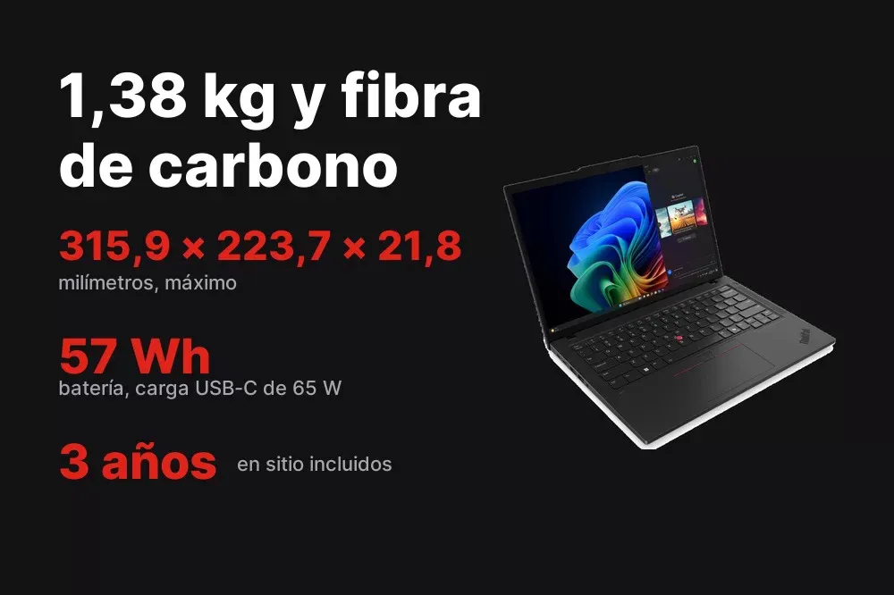 Chasis de fibra de carbono de 1,38 kg del ThinkPad T14 Gen 6