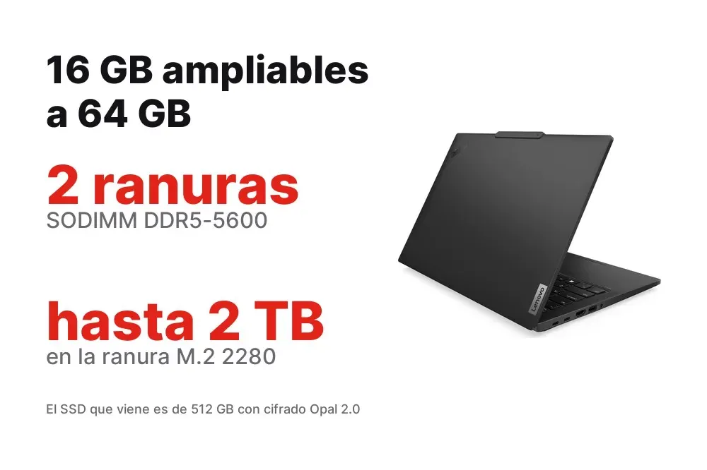 16 GB DDR5-5600 ampliables y SSD M.2 2280 del ThinkPad T14 Gen 6