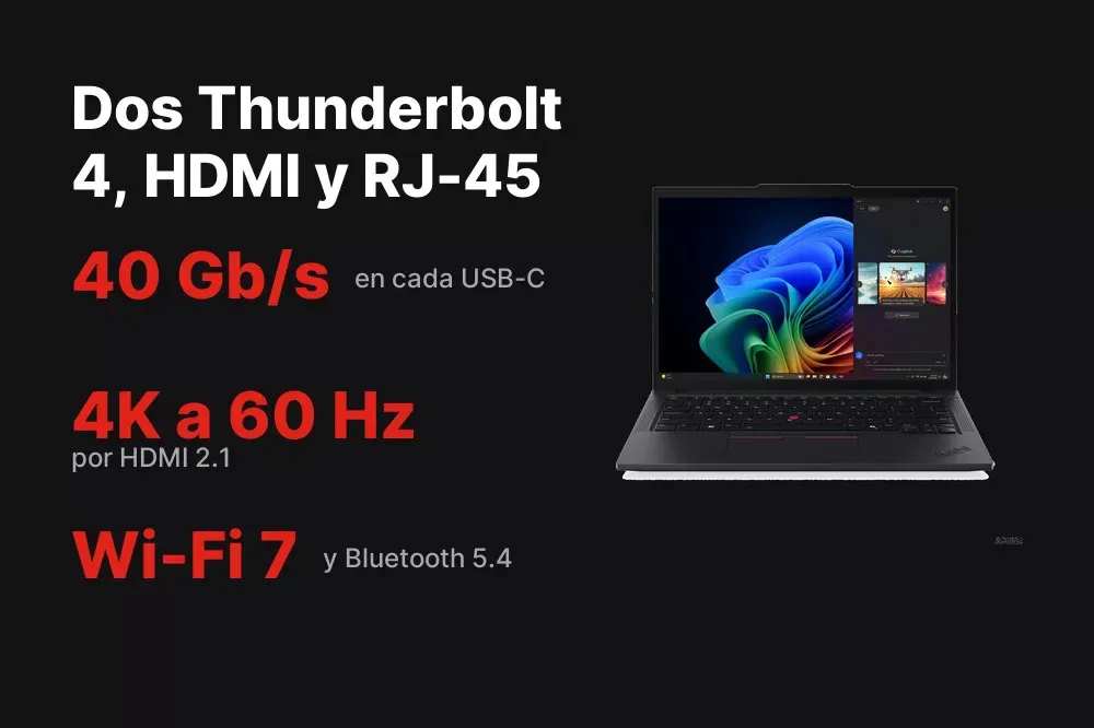 Wi-Fi 7, dos Thunderbolt 4 y RJ-45 del ThinkPad T14 Gen 6 AMD