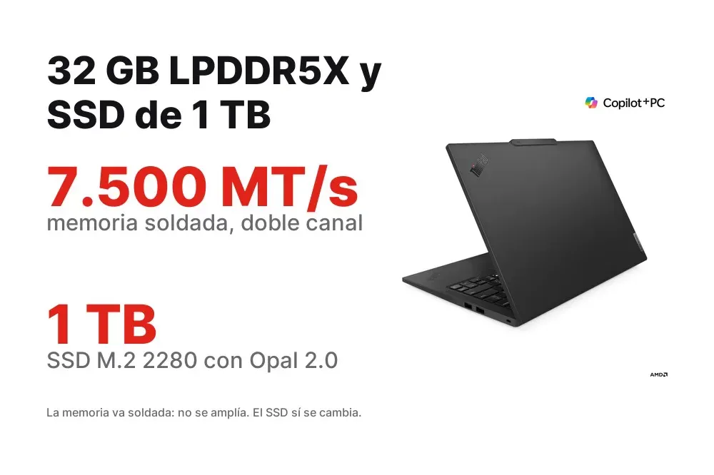 32 GB LPDDR5X y SSD de 1 TB con Opal 2.0 del ThinkPad T14s Gen 6