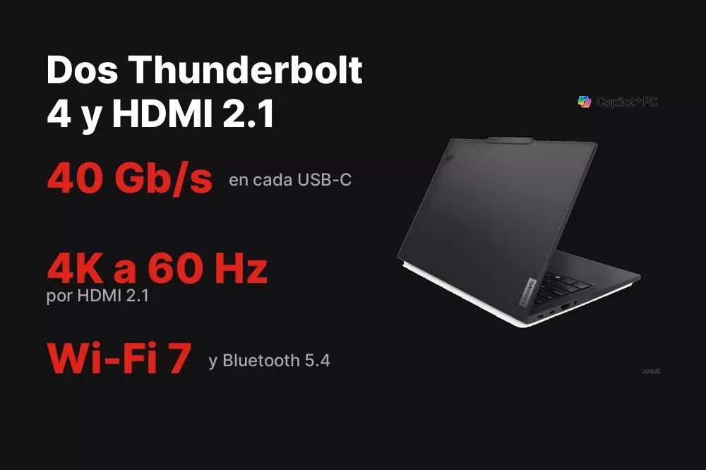Dos Thunderbolt 4, HDMI 2.1 y dos USB-A del ThinkPad T14s Gen 6