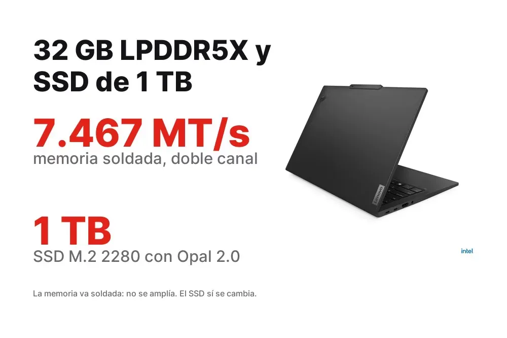 32 GB LPDDR5X y SSD de 1 TB con Opal 2.0 del ThinkPad T14s Gen 6 táctil