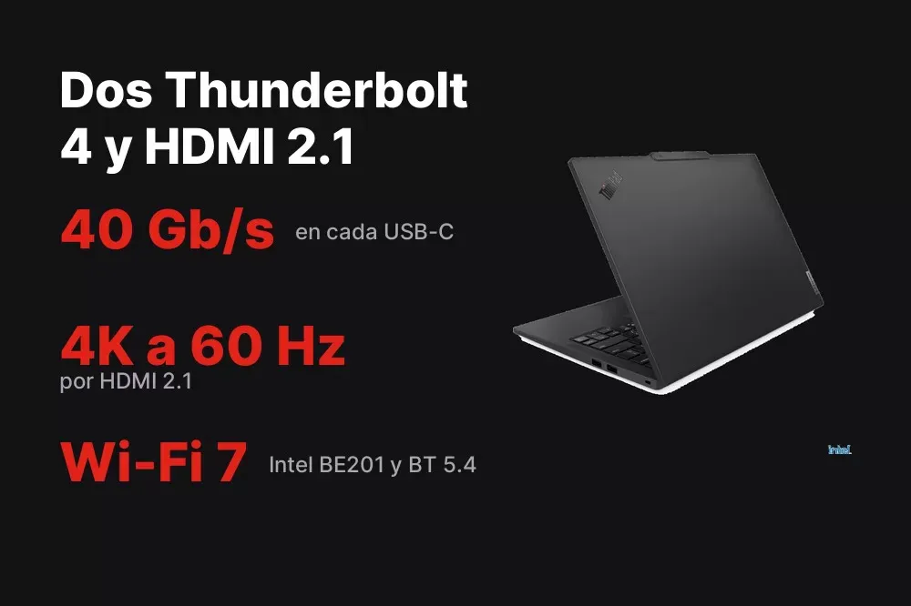 Dos Thunderbolt 4, HDMI 2.1 y dos USB-A del ThinkPad T14s Gen 6 táctil