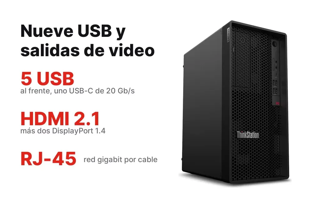 Puertos frontales y traseros de la ThinkStation P2 Tower