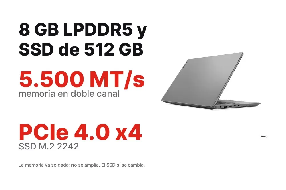8 GB LPDDR5 soldados y SSD NVMe de 512 GB del Lenovo V14 G4