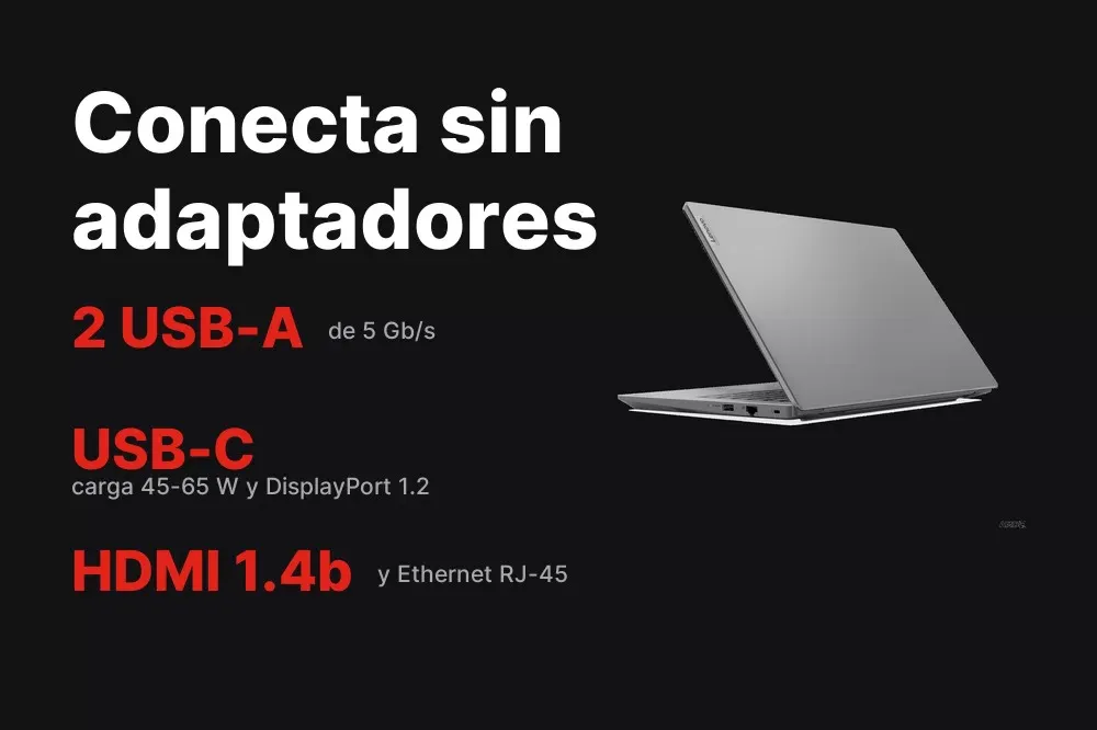 Puertos del Lenovo V14 G4: RJ-45, HDMI, USB-C y dos USB-A