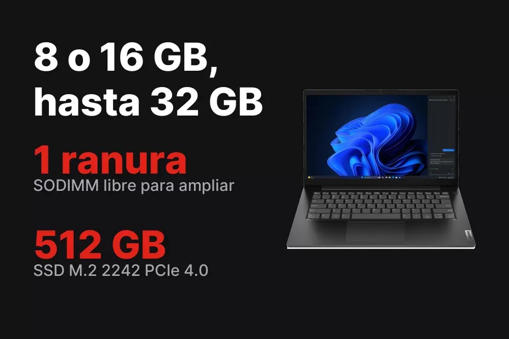 Memoria DDR5-5200 ampliable y SSD NVMe de 512 GB del V14 G5
