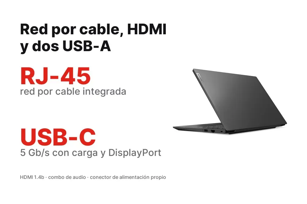 Puertos del Lenovo V14 G5: RJ-45, HDMI, USB-C y dos USB-A