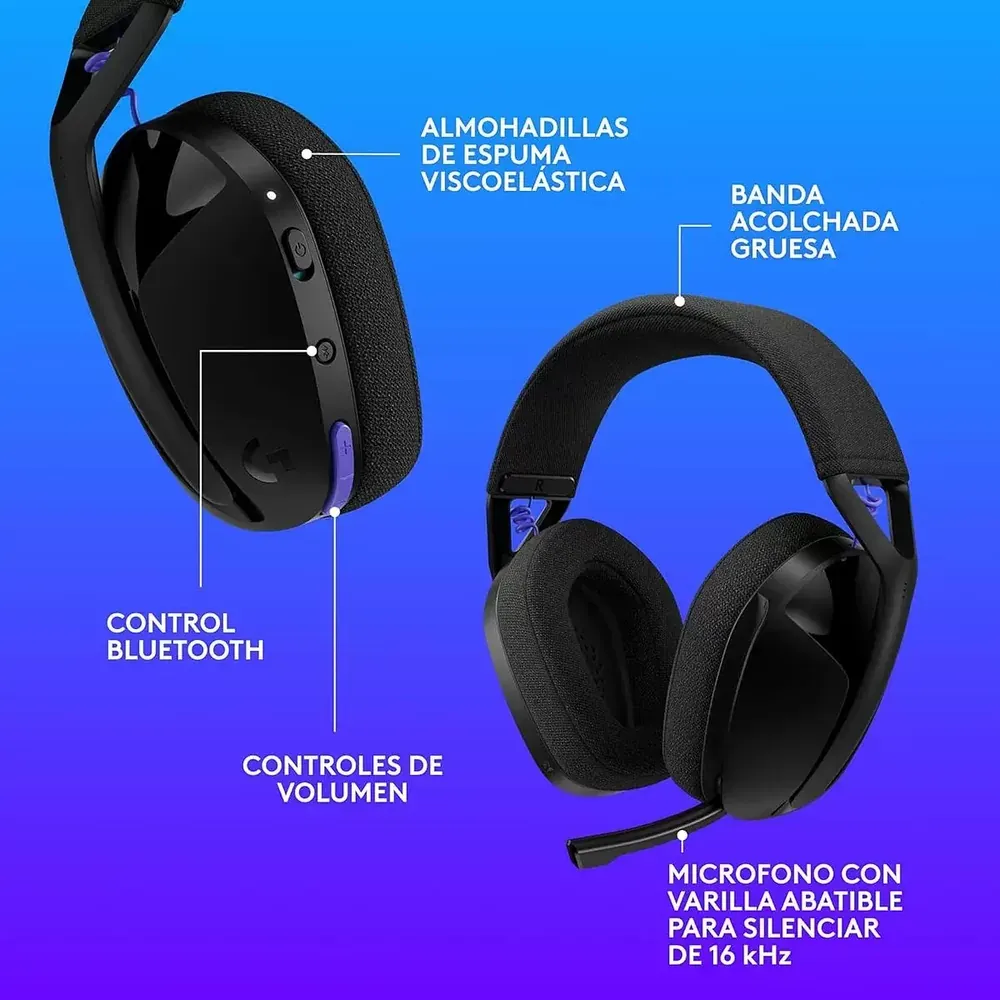 Partes del Logitech G321: almohadillas de espuma viscoelástica, banda acolchada gruesa, control Bluetooth, controles de volumen y micrófono de 16 kHz