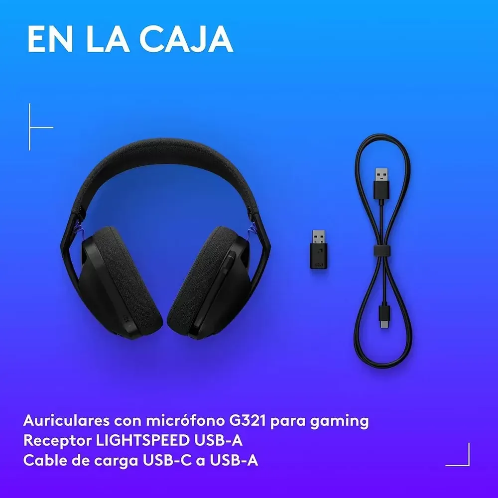 En la caja: auriculares G321, receptor LIGHTSPEED USB-A y cable de carga USB-C a USB-A
