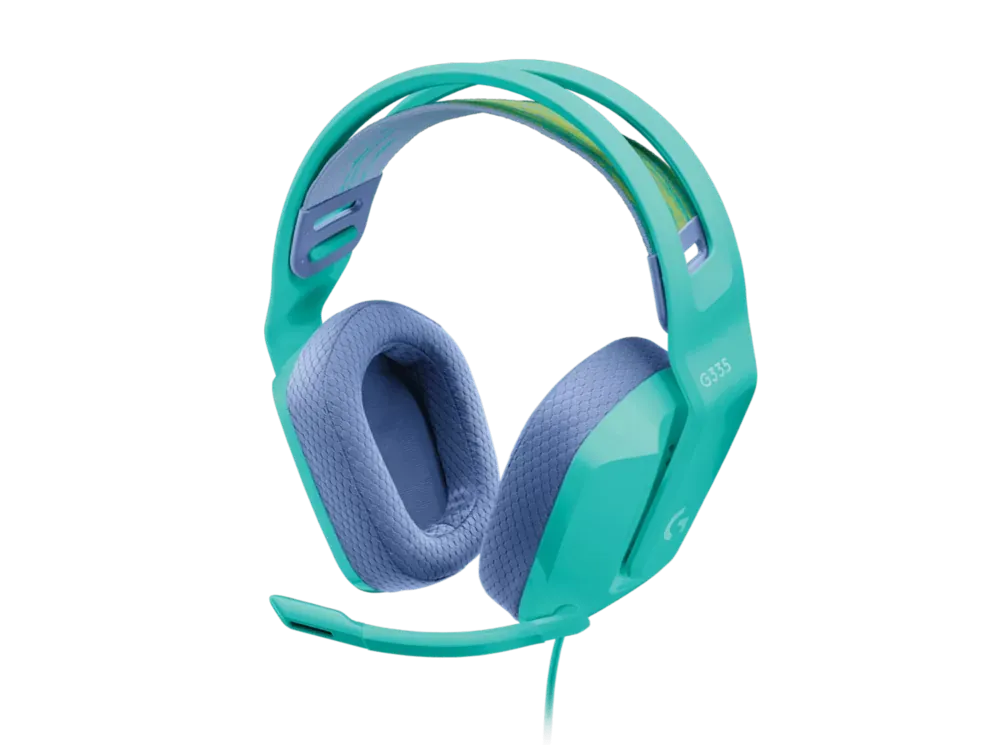 Logitech G335 menta en tres cuartos, con el micrófono hacia abajo