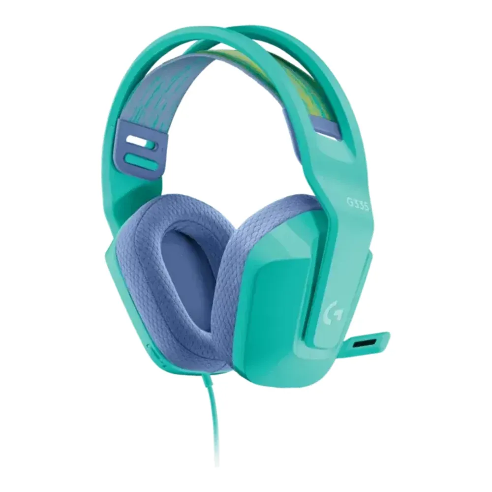 Logitech G335 menta visto de perfil, con el cable de 3,5 mm