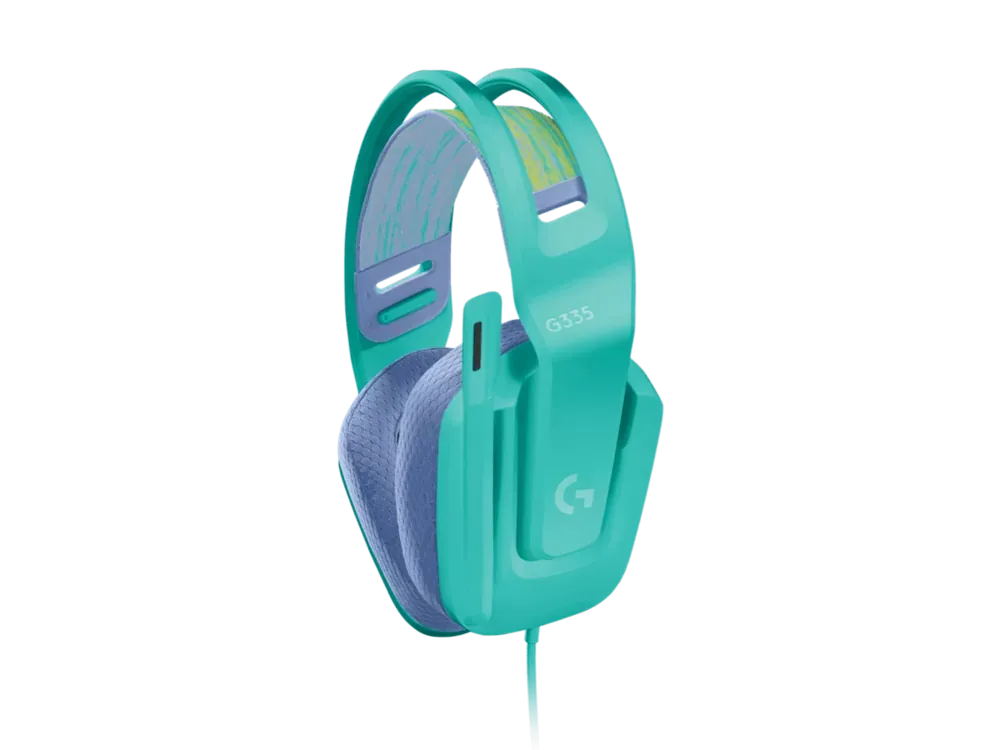Logitech G335 menta con el micrófono levantado en posición de silencio