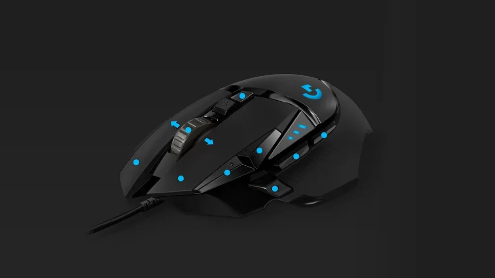 Logitech G502 HERO con sus once botones programables señalados