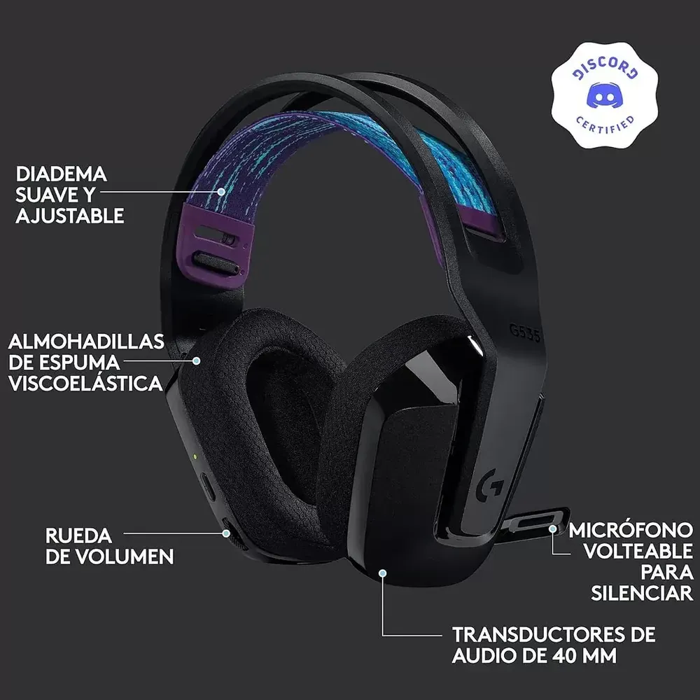 Partes del Logitech G535: diadema ajustable, almohadillas viscoelásticas, rueda de volumen, micrófono volteable y transductores de 40 mm
