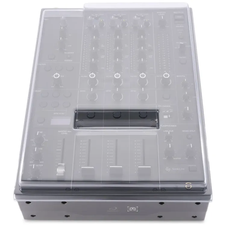 Vista superior del AlphaTheta DJM-V5 con la tapa Decksaver puesta
