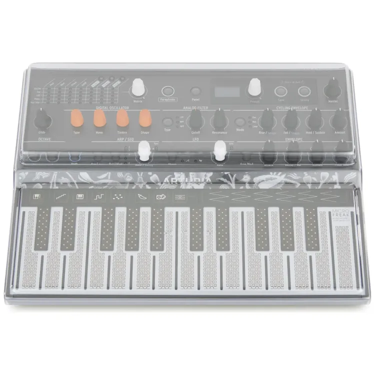 Vista superior del Arturia MicroFreak con la tapa Decksaver puesta