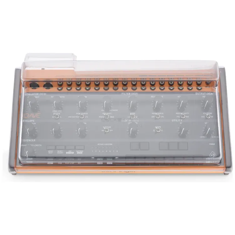 Vista superior del Behringer Crave, Edge y Grind con la tapa Decksaver puesta