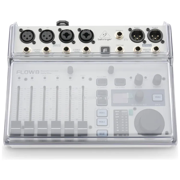 Vista superior del Behringer FLOW 8 con la tapa Decksaver puesta