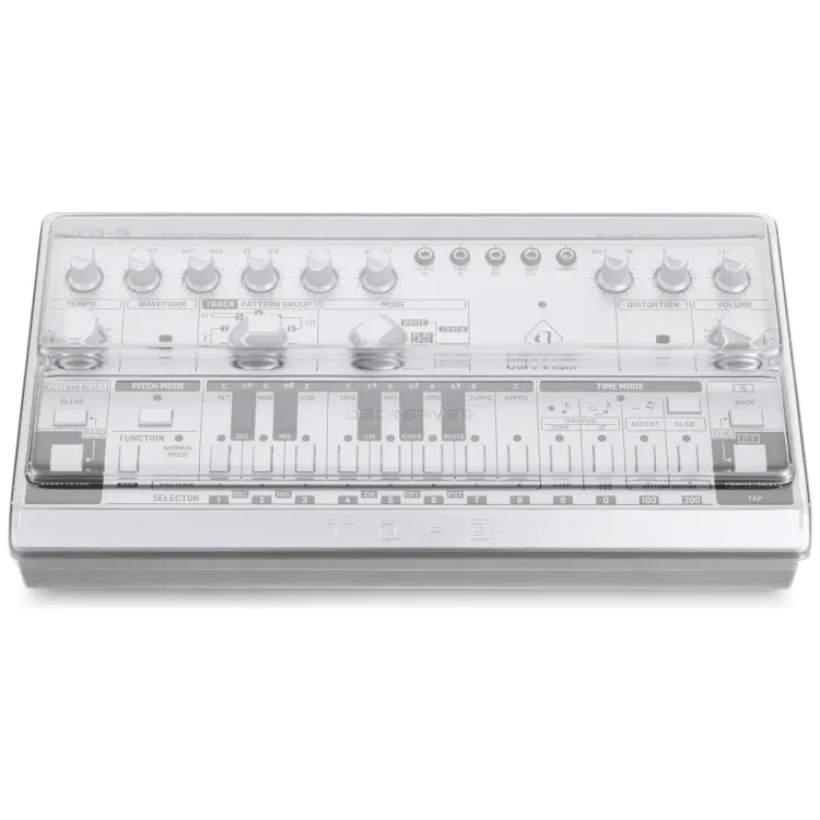 Vista superior del Behringer TD-3 y RD-6 con la tapa Decksaver puesta