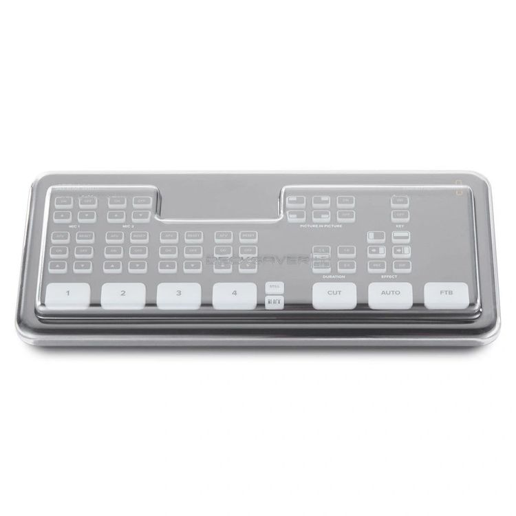 Vista superior del Blackmagic Design ATEM Mini con la tapa Decksaver puesta