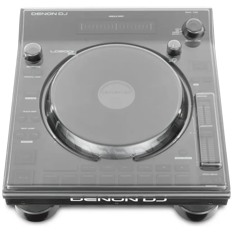 Vista superior del Denon DJ LC6000 Prime con la tapa Decksaver puesta