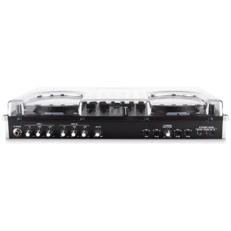 Vista superior del Denon DJ MC6000 MK1 y MK2 con la tapa Decksaver puesta