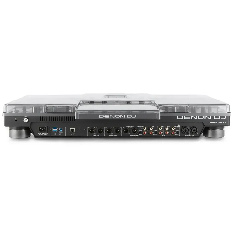 Vista superior del Denon DJ Prime 4 y Prime 4+ con la tapa Decksaver puesta
