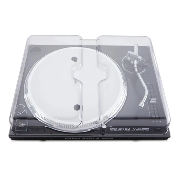 Vista superior del Denon DJ VL12 Prime con la tapa Decksaver puesta