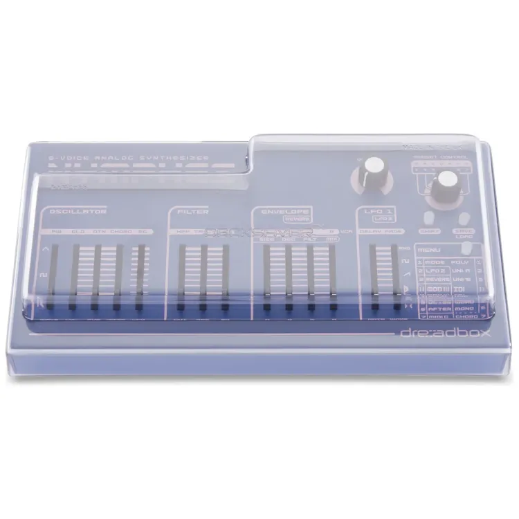 Vista superior del Dreadbox Nymphes con la tapa Decksaver puesta