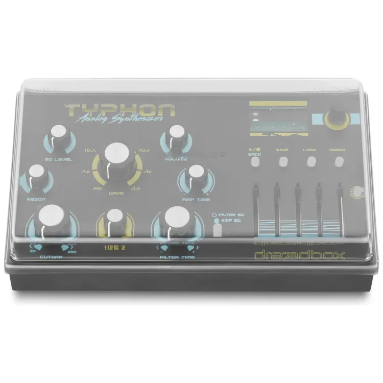 Vista superior del Dreadbox Typhon con la tapa Decksaver puesta